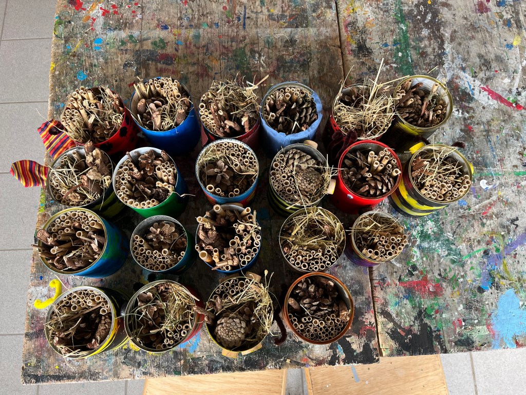 Kreativität und Nachhaltigkeit: Die erste Klasse baut Insektenhotels